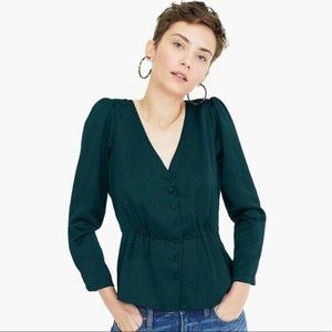J. Crew Emerald Green Satin Crepe Button Down Peplum Long Sleeve Blouse 4